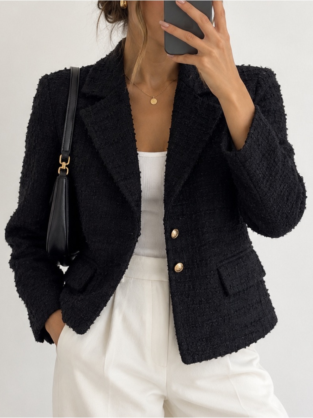 ZARA Tweed Black Blazer Size Medium Blogger Fav Minimalist Luxury Gold Buttons